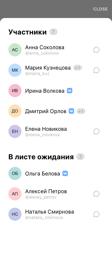 Список участников события из Telegram и VK и отдельный лист ожидания